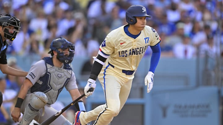 May 31, 2025; Los Angeles, California, USA; Los Angeles Dodgers designated hitter Shohei Ohtani (17) singles in the fifth inning at Dodger Stadium. Mandatory Credit: Jayne Kamin-Oncea-Imagn Images May 31, 2025; Los Angeles, California, USA; Los Angeles Dodgers designated hitter Shohei Ohtani (17) singles in the fifth inning at Dodger Stadium. Mandatory Credit: Jayne Kamin-Oncea-Imagn Images