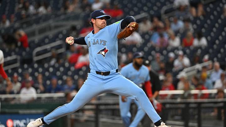 Jul 28, 2026; Washington, District of Columbia, USA; Toronto Blue Jays pitcher Shane Bieber (57) throws to the Washington Nationals during the first inning at Nationals Park. Mandatory Credit: Brad Mills-Imagn Images