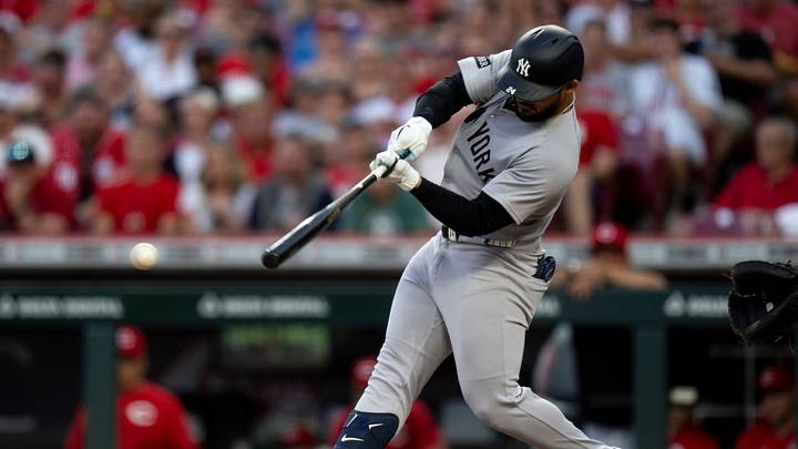 New York Yankees left fielder Jasson Dominguez (24) hits a base hit in the fifth inning of the MLB game against the New York Yankees at Great American Ball Park in Cincinnati on Wednesday, June 25, 2025. New York Yankees left fielder Jasson Dominguez (24) hits a base hit in the fifth inning of the MLB game against the New York Yankees at Great American Ball Park in Cincinnati on Wednesday, June 25, 2025.