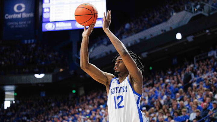 Feb 25, 2023; Lexington, Kentucky, USA; Kentucky Wildcats guard Antonio Reeves (12) shoots the ball.