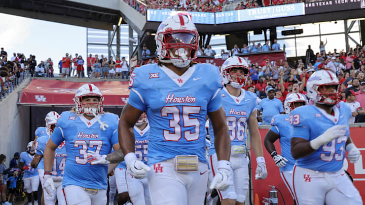 Houston Cougars defensive lineman Reshad Sterling (35) enters the field before playing against the Texas Tech Raiders at TDECU Stadium. Houston Cougars defensive lineman Reshad Sterling (35) enters the field before playing against the Texas Tech Raiders at TDECU Stadium.