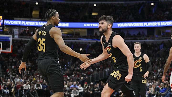 Mar 4, 2025; Chicago, Illinois, USA; Cleveland Cavaliers guard Ty Jerome (2) reacts with forward Isaac Okoro (35) after he scores against the Chicago Bulls during the second half at United Center. Mandatory Credit: Matt Marton-Imagn Images Mar 4, 2025; Chicago, Illinois, USA; Cleveland Cavaliers guard Ty Jerome (2) reacts with forward Isaac Okoro (35) after he scores against the Chicago Bulls during the second half at United Center. Mandatory Credit: Matt Marton-Imagn Images
