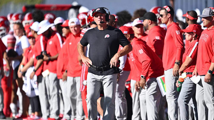 Sep 14, 2024; Logan, Utah, USA;  Utah Utes head coach Kyle Whittingham watches his team play against the Utah State Aggies in the second half at Merlin Olsen Field at Maverik Stadium. Mandatory Credit: Jamie Sabau-Imagn Images