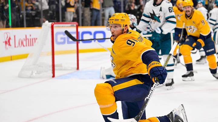 Oct 15, 2026; Nashville, Tennessee, USA; Nashville Predators center Steven Stamkos (91) celebrates his goal against the San Jose Sharks during the third period at Bridgestone Arena. Mandatory Credit: Steve Roberts-Imagn Images Oct 15, 2026; Nashville, Tennessee, USA; Nashville Predators center Steven Stamkos (91) celebrates his goal against the San Jose Sharks during the third period at Bridgestone Arena. Mandatory Credit: Steve Roberts-Imagn Images