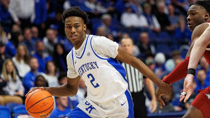 Feb 1, 2025; Lexington, Kentucky, USA; Kentucky Wildcats guard Jaxson Robinson (2) drives to the basket during the second half against the Arkansas Razorbacks at Rupp Arena at Central Bank Center. Mandatory Credit: Jordan Prather-Imagn Images