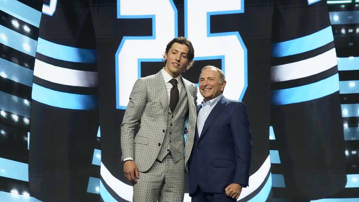 Jun 27, 2025; Los Angeles, California, USA; Caleb Desnoyers is selected as the fourth overall pick to the Utah Mammoth in the first round of the 2025 NHL Draft at Peacock Theater. Mandatory Credit: Kirby Lee-Imagn Images Jun 27, 2025; Los Angeles, California, USA; Caleb Desnoyers is selected as the fourth overall pick to the Utah Mammoth in the first round of the 2025 NHL Draft at Peacock Theater. Mandatory Credit: Kirby Lee-Imagn Images