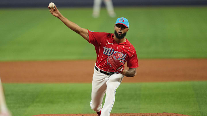 May 13, 2023; Miami, Florida, USA;  Miami Marlins starting pitcher Sandy Alcantara (22) pitches