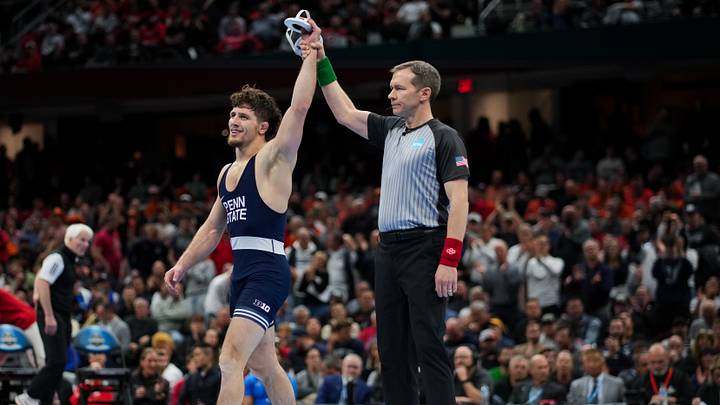 Penn State Nittany Lions wrestler Levi Haines reacts to winning the 174-pound title at the NCAA Wrestling Championships. Penn State Nittany Lions wrestler Levi Haines reacts to winning the 174-pound title at the NCAA Wrestling Championships.