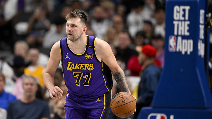 Apr 9, 2025; Dallas, Texas, USA; Los Angeles Lakers guard Luka Doncic (77) in action during the game between the Dallas Mavericks and the Los Angeles Lakers at American Airlines Center. Mandatory Credit: Jerome Miron-Imagn Images