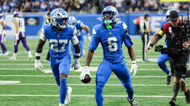 Nov 2, 2025; Detroit, Michigan, USA; Detroit Lions cornerback Terrion Arnold (6) celebrates an interception in the second quarter against the Minnesota Vikings at Ford Field. Nov 2, 2025; Detroit, Michigan, USA; Detroit Lions cornerback Terrion Arnold (6) celebrates an interception in the second quarter against the Minnesota Vikings at Ford Field.
