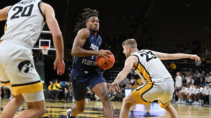 Nov 29, 2023; Iowa City, Iowa, USA; North Florida Ospreys guard Chaz Lanier (2) goes to the basket