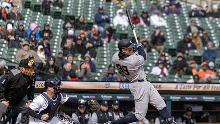 New York Yankees outfielder Aaron Judge (99) hits an RBI single in the fifth inning against the Detroit Tigers at Comerica Park on April 7. New York Yankees outfielder Aaron Judge (99) hits an RBI single in the fifth inning against the Detroit Tigers at Comerica Park on April 7.