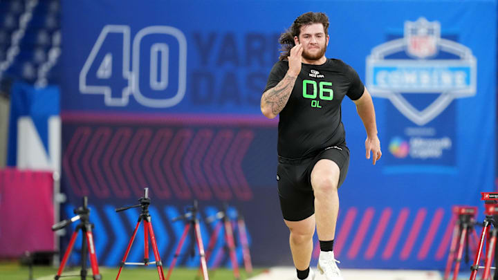 Mar 2, 2025; Indianapolis, IN, USA; Iowa offensive lineman Connor Colby (OL06) during the 2025 NFL Scouting Combine at Lucas Oil Stadium. Mandatory Credit: Kirby Lee-Imagn Images