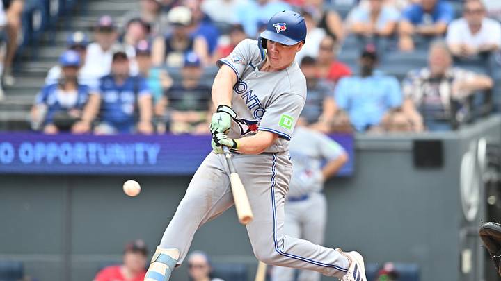 Sep 3, 2026; Cleveland, Ohio, USA; Toronto Blue Jays designated hitter Sean Keys (20) hits an RBI single during the fourth inning against the Cleveland Guardians at Progressive Field. Mandatory Credit: Ken Blaze-Imagn Images