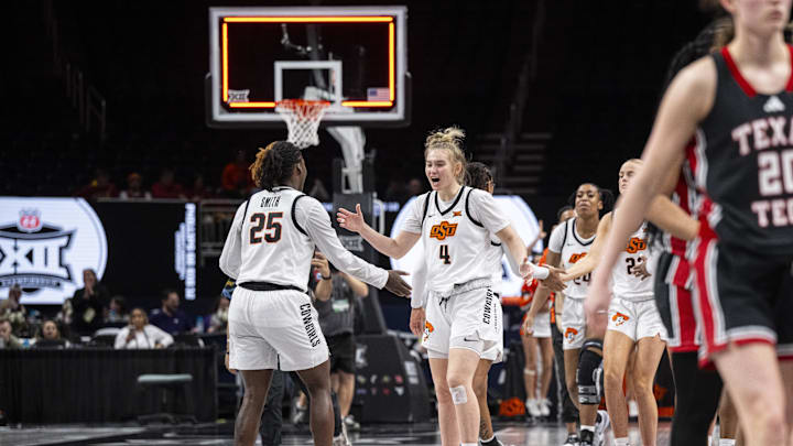 Mar 7, 2025; Kansas City, MO, USA; Oklahoma State Cowgirls guard Alexia Smith (25) and guard Anna Gret Asi (4) celebrate after defeating the Texas Tech Lady Raiders at T-Mobile Center. Mandatory Credit: Amy Kontras-Imagn Images Mar 7, 2025; Kansas City, MO, USA; Oklahoma State Cowgirls guard Alexia Smith (25) and guard Anna Gret Asi (4) celebrate after defeating the Texas Tech Lady Raiders at T-Mobile Center. Mandatory Credit: Amy Kontras-Imagn Images