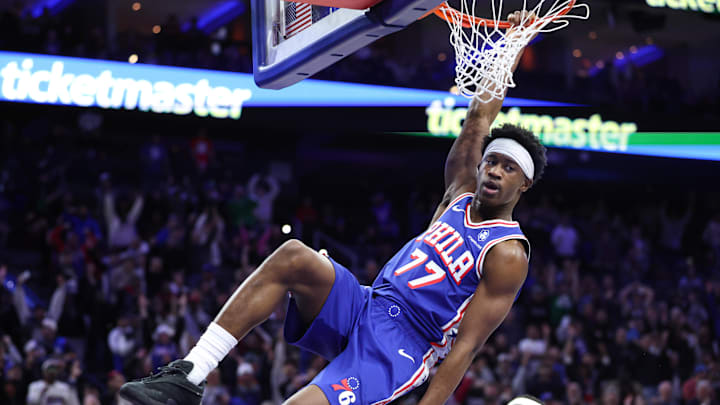 Jan 5, 2026; Philadelphia, Pennsylvania, USA; Philadelphia 76ers guard Vj Edgecombe (77) dunks the ball against the Denver Nuggets during overtime at Xfinity Mobile Arena. Mandatory Credit: Bill Streicher-Imagn Images Jan 5, 2026; Philadelphia, Pennsylvania, USA; Philadelphia 76ers guard Vj Edgecombe (77) dunks the ball against the Denver Nuggets during overtime at Xfinity Mobile Arena. Mandatory Credit: Bill Streicher-Imagn Images