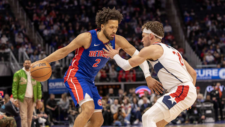 Mar 11, 2025; Detroit, Michigan, USA; Washington Wizards forward Corey Kispert (24) defends against Detroit Pistons guard Cade Cunningham (2) during the second half at Little Caesars Arena. Mandatory Credit: David Reginek-Imagn Images Mar 11, 2025; Detroit, Michigan, USA; Washington Wizards forward Corey Kispert (24) defends against Detroit Pistons guard Cade Cunningham (2) during the second half at Little Caesars Arena. Mandatory Credit: David Reginek-Imagn Images