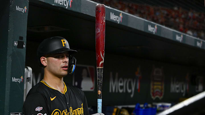 St. Louis, Missouri, USA; Pittsburgh Pirates second baseman Nick Yorke (38) looks on from the dugout during the third inning of his Major League debut against the St. Louis Cardinals at Busch Stadium. St. Louis, Missouri, USA; Pittsburgh Pirates second baseman Nick Yorke (38) looks on from the dugout during the third inning of his Major League debut against the St. Louis Cardinals at Busch Stadium.