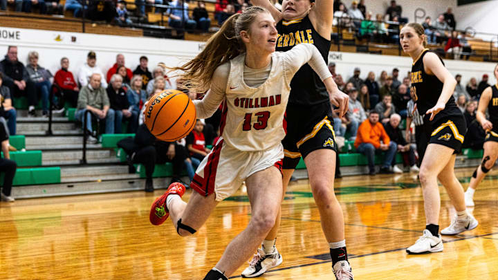 Stillman Valley’s Lillian Green (13) looks to shoot the ball during a game against Riverdale on Tuesday, Feb. 25, 2025, at Rock Falls High School.
