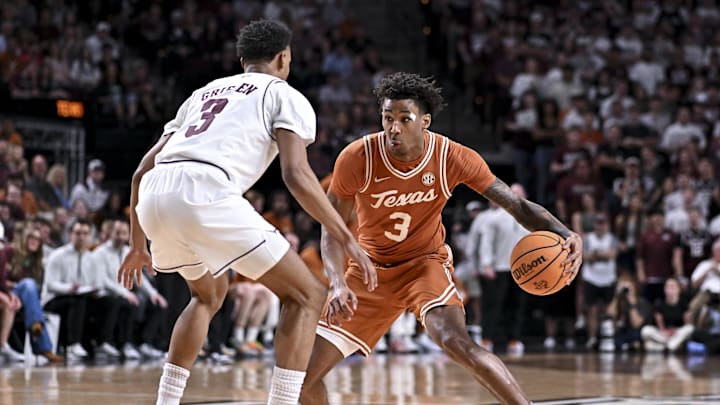 Feb 28, 2026; College Station, Texas, USA; Texas Longhorns guard Dailyn Swain (3) controls the ball during the first half as Texas A&M Aggies guard Rylan Griffen (3) defends at Reed Arena. Mandatory Credit: Maria Lysaker-Imagn Images Feb 28, 2026; College Station, Texas, USA; Texas Longhorns guard Dailyn Swain (3) controls the ball during the first half as Texas A&M Aggies guard Rylan Griffen (3) defends at Reed Arena. Mandatory Credit: Maria Lysaker-Imagn Images