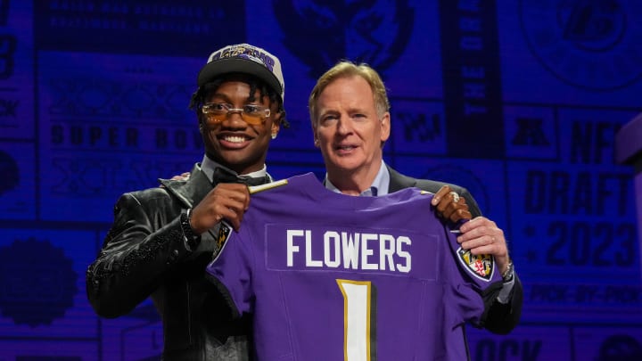 Apr 27, 2023; Kansas City, MO, USA; Boston College wide receiver Zay Flowers with NFL commissioner Apr 27, 2023; Kansas City, MO, USA; Boston College wide receiver Zay Flowers with NFL commissioner