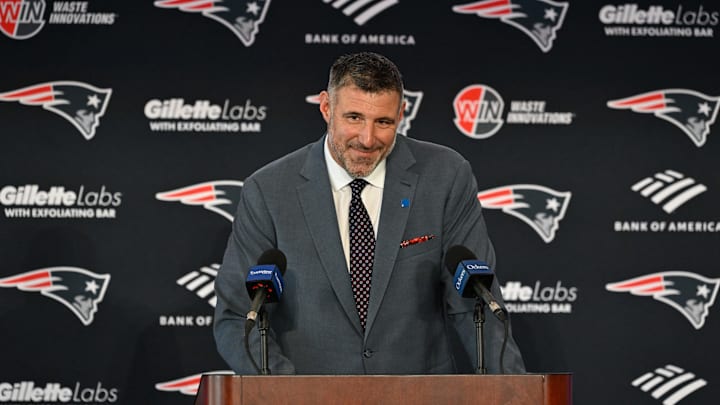 Mike Vrabel addresses the media at a press conference to announce his hiring as the New England Patriots head coach at Gillette Stadium.