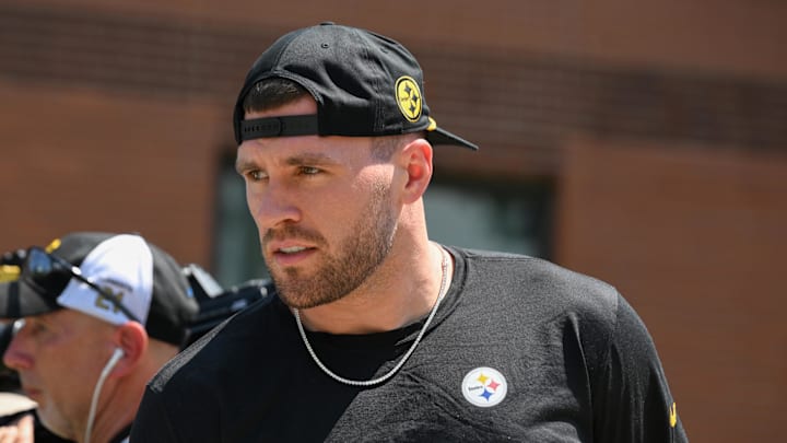 Jul 23, 2025; Latrobe, PA, USA;  Pittsburgh Steelers linebacker T.J. Watt arrives to training camp at Saint Vincent College. Mandatory Credit: Barry Reeger-Imagn Images
