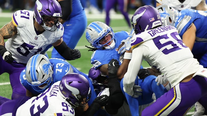 Nov 2, 2025; Detroit, Michigan, USA; Detroit Lions running back Jahmyr Gibbs (0) runs the ball in the third quarter against the Minnesota Vikings at Ford Field. Mandatory Credit: David Reginek-Imagn Images Nov 2, 2025; Detroit, Michigan, USA; Detroit Lions running back Jahmyr Gibbs (0) runs the ball in the third quarter against the Minnesota Vikings at Ford Field. Mandatory Credit: David Reginek-Imagn Images