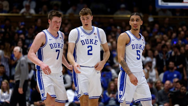 Pitt v Duke; Duke basketball players Kon Knueppel, Cooper Flagg, and Tyrese Proctor