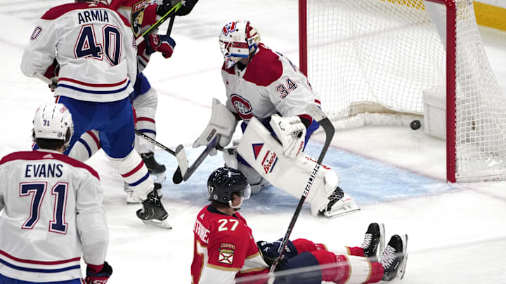 Dec 30, 2023; Sunrise, Florida, USA;  Florida Panthers center Eetu Luostarinen (27) scores a goal