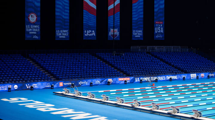 A look at the pool Wednesday, June 5, 2024, inside Lucas Oil Stadium which is set to host the U.S. Olympic Team Trials for USA Swimming. It is the first Olympic size pool to be built inside an NFL Stadium.