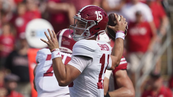 Sep 14, 2024; Madison, Wisconsin, USA;  Alabama Crimson Tide quarterback Ty Simpson (15) throws a pass during the fourth quarter against the Wisconsin Badgers at Camp Randall Stadium. Mandatory Credit: Jeff Hanisch-Imagn Images