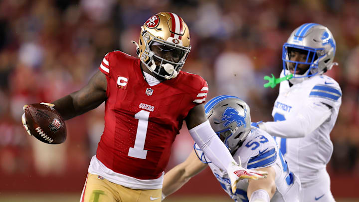 Dec 30, 2024; Santa Clara, California, USA; San Francisco 49ers wide receiver Deebo Samuel Sr. (1) runs with the ball during the first quarter against the Detroit Lions at Levi's Stadium. Mandatory Credit: Sergio Estrada-Imagn Images Dec 30, 2024; Santa Clara, California, USA; San Francisco 49ers wide receiver Deebo Samuel Sr. (1) runs with the ball during the first quarter against the Detroit Lions at Levi's Stadium. Mandatory Credit: Sergio Estrada-Imagn Images