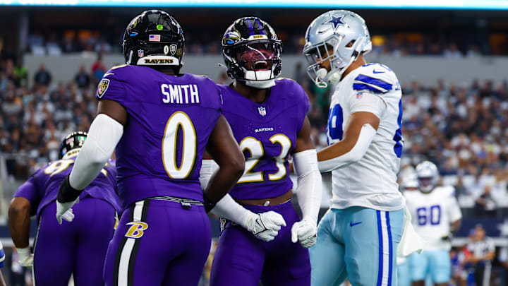 Sep 22, 2024; Arlington, Texas, USA; Baltimore Ravens linebacker Trenton Simpson (23) reacts during the first quarter against the Dallas Cowboys at AT&T Stadium. Mandatory Credit: Kevin Jairaj-Imagn Images Sep 22, 2024; Arlington, Texas, USA; Baltimore Ravens linebacker Trenton Simpson (23) reacts during the first quarter against the Dallas Cowboys at AT&T Stadium. Mandatory Credit: Kevin Jairaj-Imagn Images