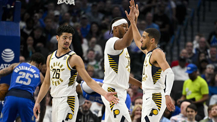 Mar 5, 2024; Dallas, Texas, USA; Indiana Pacers guard Ben Sheppard (26) and center Myles Turner (33) and guard Tyrese Haliburton (0) celibate during the first quarter against the Dallas Mavericks at the American Airlines Center. Mandatory Credit: Jerome Miron-Imagn Images Mar 5, 2024; Dallas, Texas, USA; Indiana Pacers guard Ben Sheppard (26) and center Myles Turner (33) and guard Tyrese Haliburton (0) celibate during the first quarter against the Dallas Mavericks at the American Airlines Center. Mandatory Credit: Jerome Miron-Imagn Images