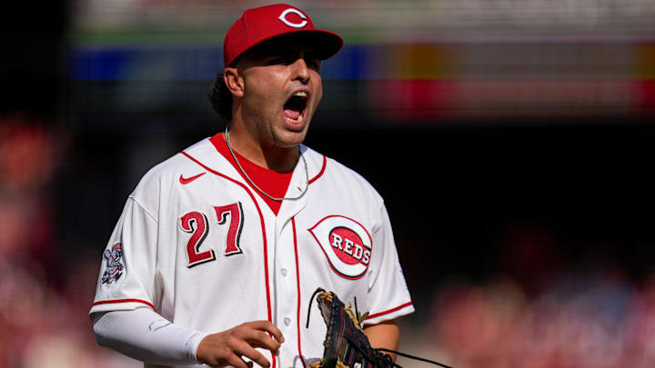 Cincinnati Reds first baseman Sal Stewart (27) celebrates after compiling a double play in the first inning of the MLB Opening Day game between the Cincinnati Reds and the Boston Red Sox at Great American Ball Park in downtown Cincinnati on Thursday, March 26, 2026. The game was tied at 0 after four innings. Cincinnati Reds first baseman Sal Stewart (27) celebrates after compiling a double play in the first inning of the MLB Opening Day game between the Cincinnati Reds and the Boston Red Sox at Great American Ball Park in downtown Cincinnati on Thursday, March 26, 2026. The game was tied at 0 after four innings.