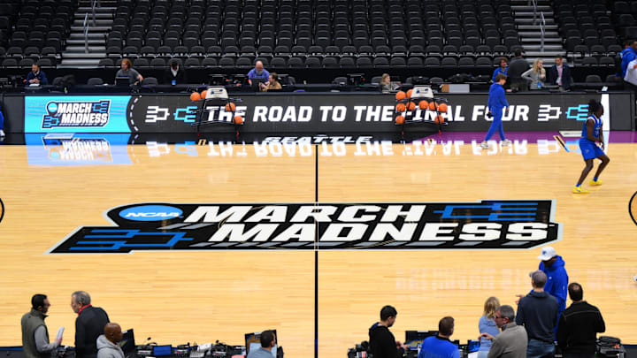 Mar 20, 2025; Seattle, WA, USA; The March Madness logo at Climate Pledge Arena during the Memphis Tigers practice. Mandatory Credit: Steven Bisig-Imagn Images Mar 20, 2025; Seattle, WA, USA; The March Madness logo at Climate Pledge Arena during the Memphis Tigers practice. Mandatory Credit: Steven Bisig-Imagn Images