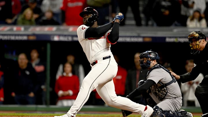 Oct 17, 2024; Cleveland, Ohio, USA; Cleveland Guardians outfielder Jhonkensy Noel (43) hits a two-run home run during the ninth inning against the New York Yankees in game 3 of the American League Championship Series at Progressive Field. Mandatory Credit: Ken Blaze-Imagn Images Oct 17, 2024; Cleveland, Ohio, USA; Cleveland Guardians outfielder Jhonkensy Noel (43) hits a two-run home run during the ninth inning against the New York Yankees in game 3 of the American League Championship Series at Progressive Field. Mandatory Credit: Ken Blaze-Imagn Images