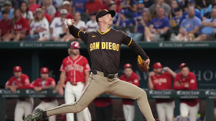 Jun 20, 2026; Arlington, Texas, USA; San Diego Padres pitcher Walker Buehler (10) throws to the plate against the Texas Rangers during the second inning at Globe Life Field. Mandatory Credit: Raymond Carlin III-Imagn Images Jun 20, 2026; Arlington, Texas, USA; San Diego Padres pitcher Walker Buehler (10) throws to the plate against the Texas Rangers during the second inning at Globe Life Field. Mandatory Credit: Raymond Carlin III-Imagn Images