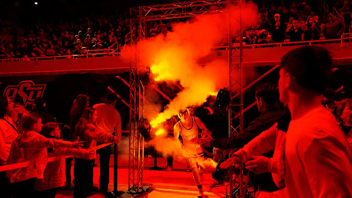 Oklahoma State's Tagen Jamison is introduced during the college wrestling dual between Oklahoma State and Air Force at Gallagher-Iba Arena in Stillwater, Okla., Friday, Jan., 3, 2025.