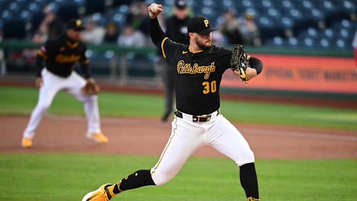 Apr 8, 2025; Pittsburgh, Pennsylvania, USA; Pittsburgh Pirates starting pitcher Paul Skenes (30) throws a pitch during the first inning against the St. Louis Cardinals at PNC Park. Mandatory Credit: David Dermer-Imagn Images