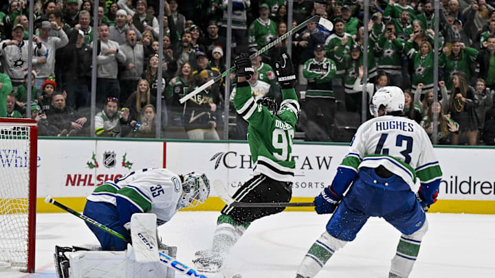 Dec 21, 2023; Dallas, Texas, USA; Dallas Stars center Matt Duchene (95) celebrates after he scores