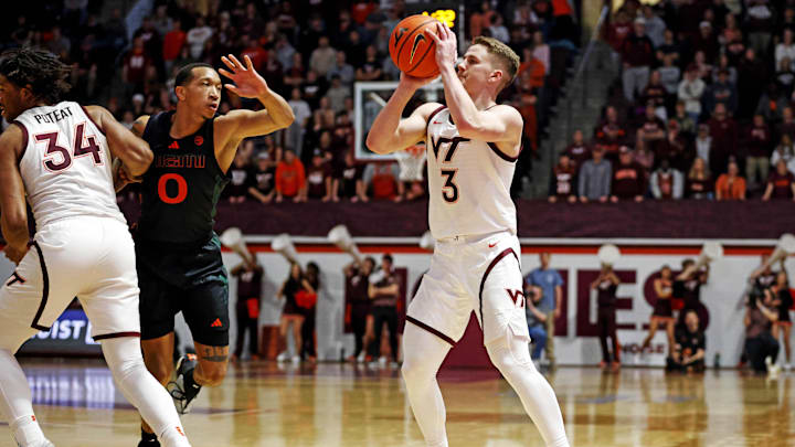 Jan 13, 2024; Blacksburg, Virginia, USA; Virginia Tech Hokies guard Sean Pedulla (3) shoots the ball