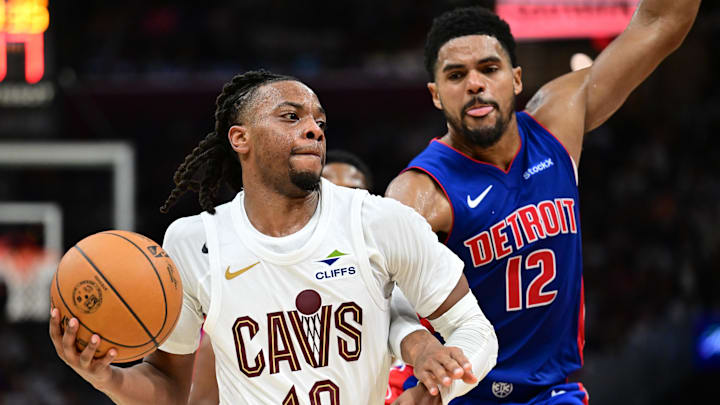 Oct 25, 2024; Cleveland, Ohio, USA; Cleveland Cavaliers guard Darius Garland (10) drives to the basket against Detroit Pistons forward Tobias Harris (12) during the second half at Rocket Mortgage FieldHouse. Mandatory Credit: Ken Blaze-Imagn Images