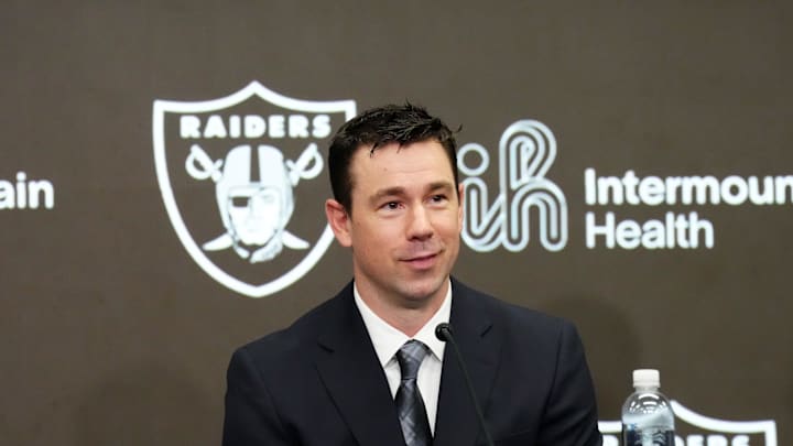 Feb 10, 2026; Henderson, NV, USA; Las Vegas Raiders coach Klint Kubiak speaks at introductory press conference at Intermountain Health Performance Center. Mandatory Credit: Kirby Lee-Imagn Images