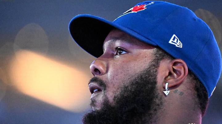 Toronto Blue Jays first baseman Vladimir Guerrero Jr. watches play against the Detroit Tigers from the bench in the first inning at Rogers Centre. Mandatory Credit: Dan Hamilton-Imagn Images Toronto Blue Jays first baseman Vladimir Guerrero Jr. watches play against the Detroit Tigers from the bench in the first inning at Rogers Centre. Mandatory Credit: Dan Hamilton-Imagn Images