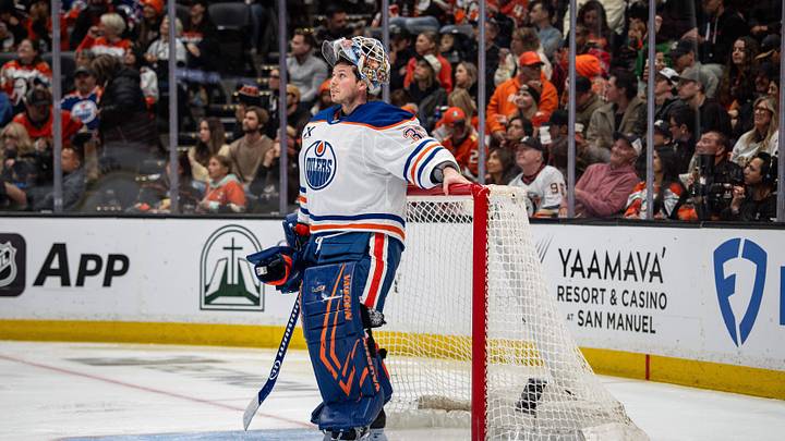 Apr 26, 2026; Anaheim, California, USA; Edmonton Oilers goaltender Tristan Jarry (35) stands in goal during the second period against the Anaheim Ducks in game four of the first round of the 2026 Stanley Cup Playoffs at Honda Center. Mandatory Credit: Corinne Votaw-Imagn Images