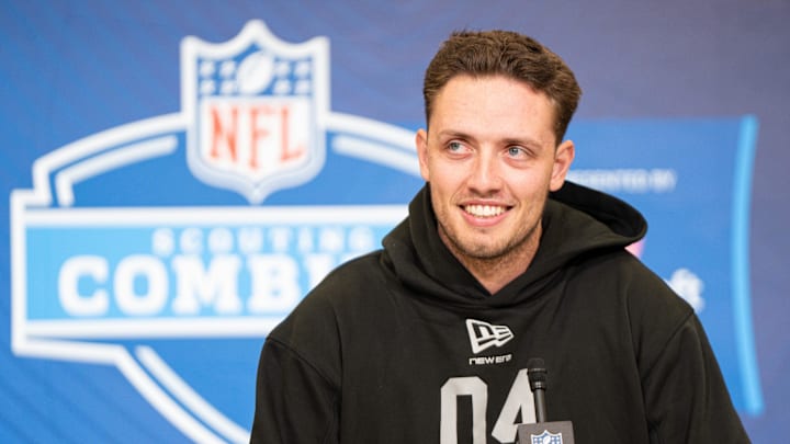 Feb 27, 2026; Indianapolis, IN, USA; Miami quarterback Carson Beck (QB04) speaks to members of the media during the NFL Combine at the Indiana Convention Center. Mandatory Credit: Jacob Musselman-Imagn Images Feb 27, 2026; Indianapolis, IN, USA; Miami quarterback Carson Beck (QB04) speaks to members of the media during the NFL Combine at the Indiana Convention Center. Mandatory Credit: Jacob Musselman-Imagn Images