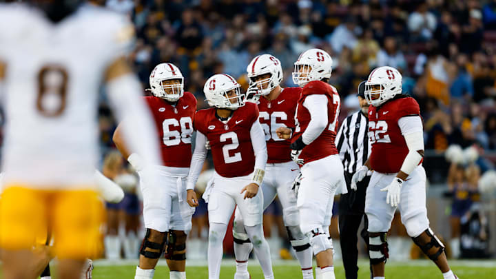 Nov 22, 2025; Stanford, California, USA; Stanford Cardinal quarterback Elijah Brown (2) and the offensive line react after a sack during the first quarter against the California Golden Bears at Stanford Stadium. Mandatory Credit: Sergio Estrada-Imagn Images