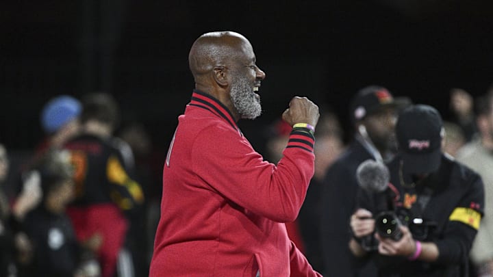Oct 11, 2024; College Park, Maryland, USA;  Maryland Terrapins head coach Mike Locksley on the field before the game against the Northwestern Wildcats at SECU Stadium. Mandatory Credit: Tommy Gilligan-Imagn Images